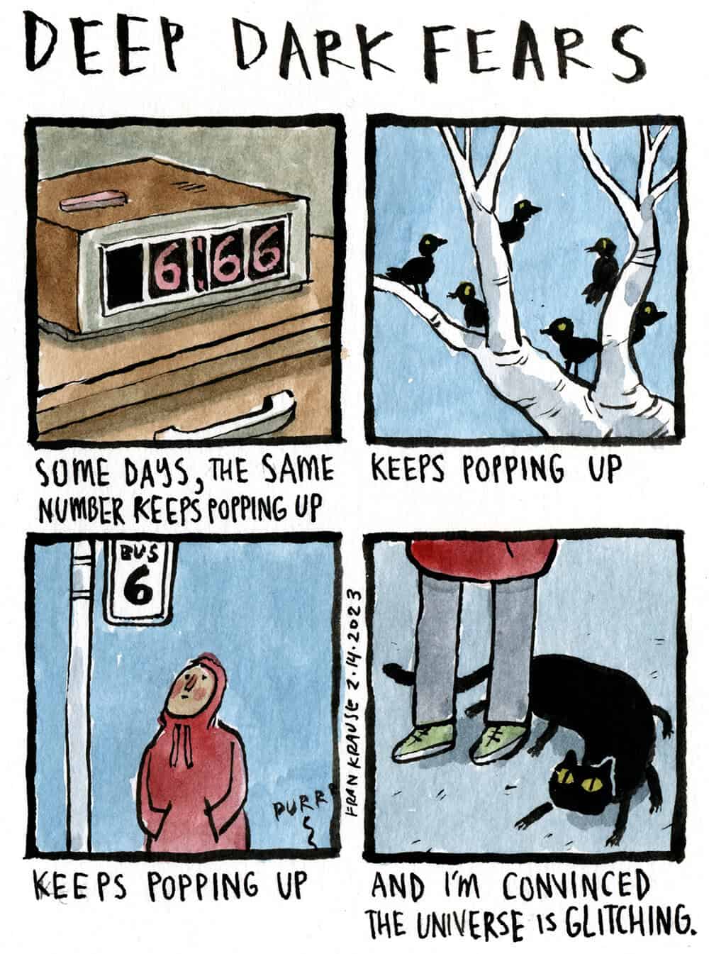 A comic about the unsettling feeling that seeing repeating numbers means the universe is glitching.