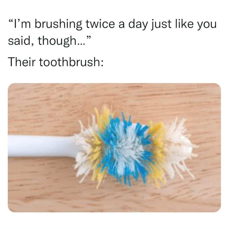 A frayed toothbrush, a funny dentist meme about patients who brush too hard or need a new one.