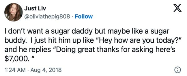 A funny dirty meme about wanting a "sugar buddy" who gives you money for just asking how he is.