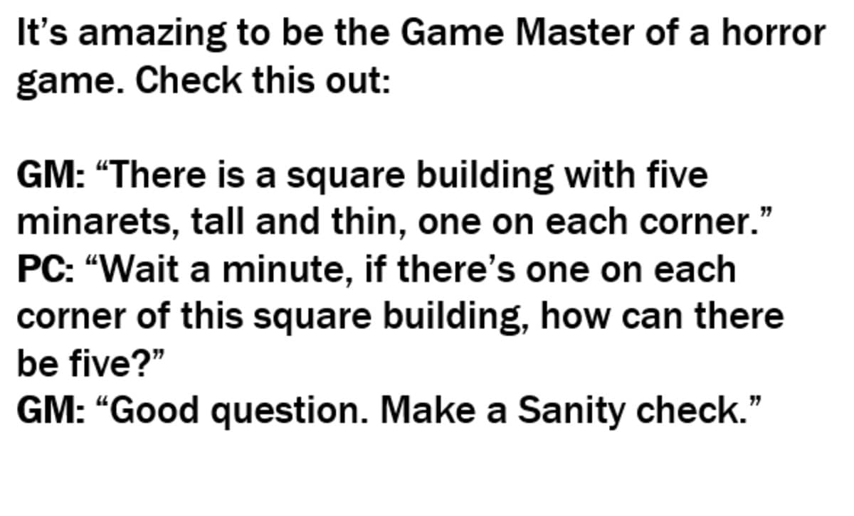 A Dungeons & Dragons meme about a Game Master running a horror game and using a riddle to force a Sanity check.
