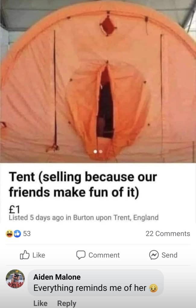 A Facebook marketplace post for a tent with a suggestive opening and a funny comment.