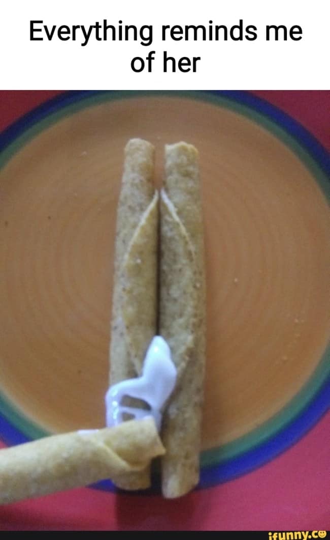 A funny meme of two taquitos with a dollop of sour cream in a suggestive arrangement.