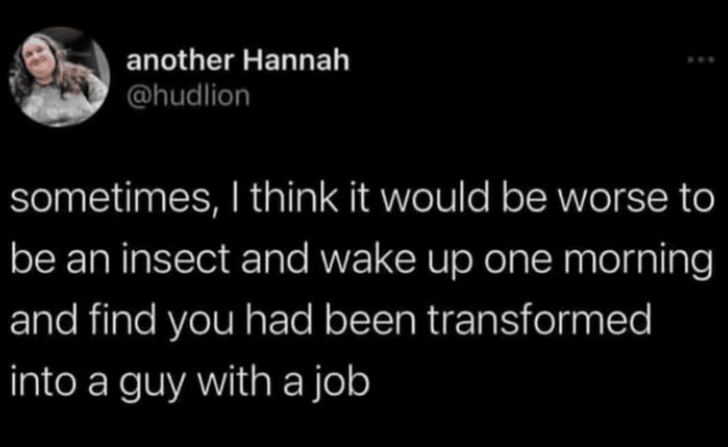 Funny existential meme tweet suggesting it's worse for an insect to become a human with a job than Kafka's premise.