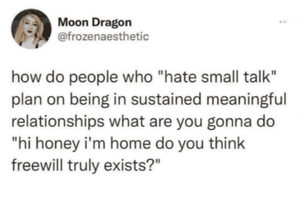 Funny existential meme tweet questioning how people who hate small talk start meaningful conversations, using an absurd example.