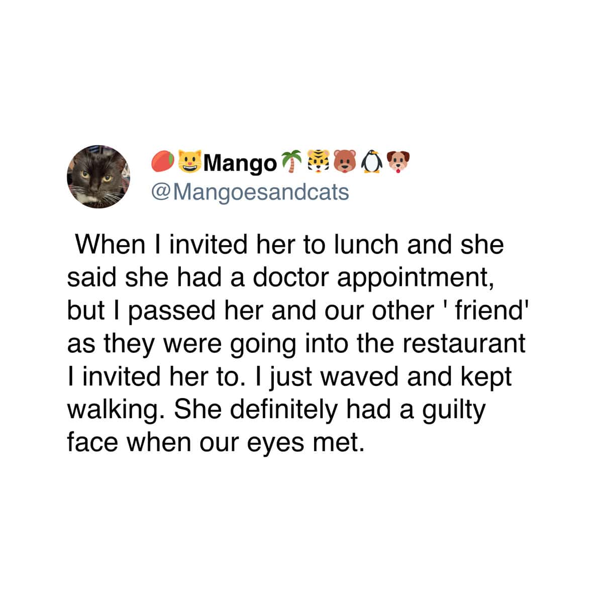 A story about a user who caught her friend lying about an appointment to avoid having lunch with her.