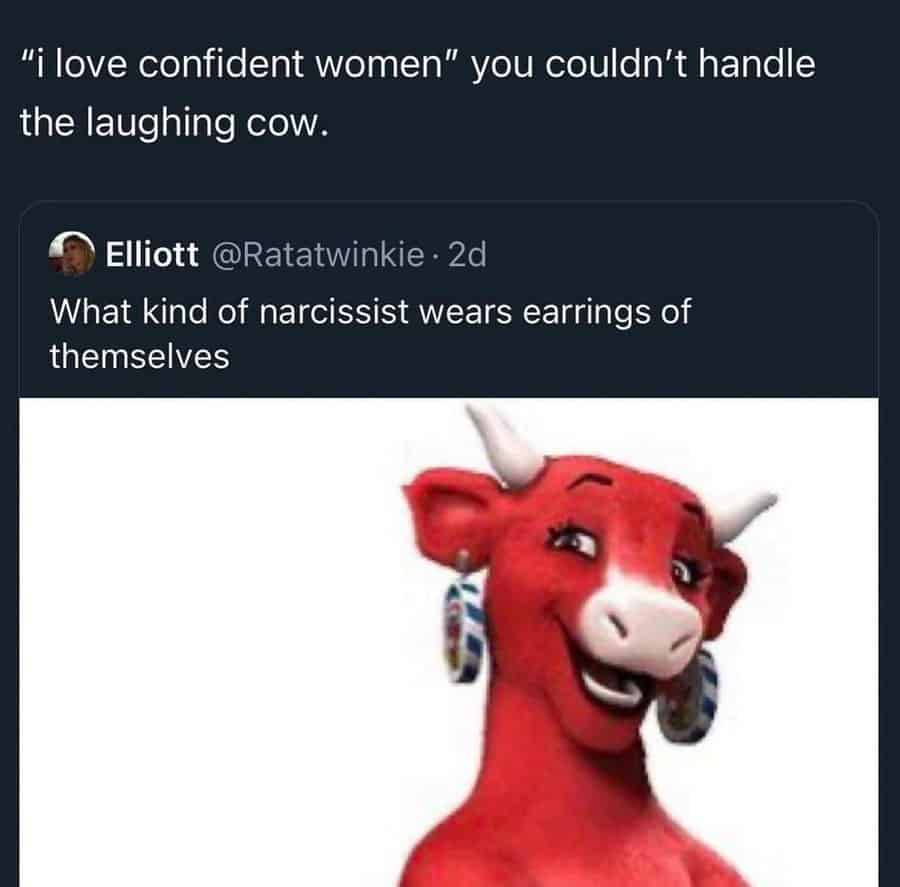 A Laughing Cow meme with a funny comment about men not being able to handle confident women.