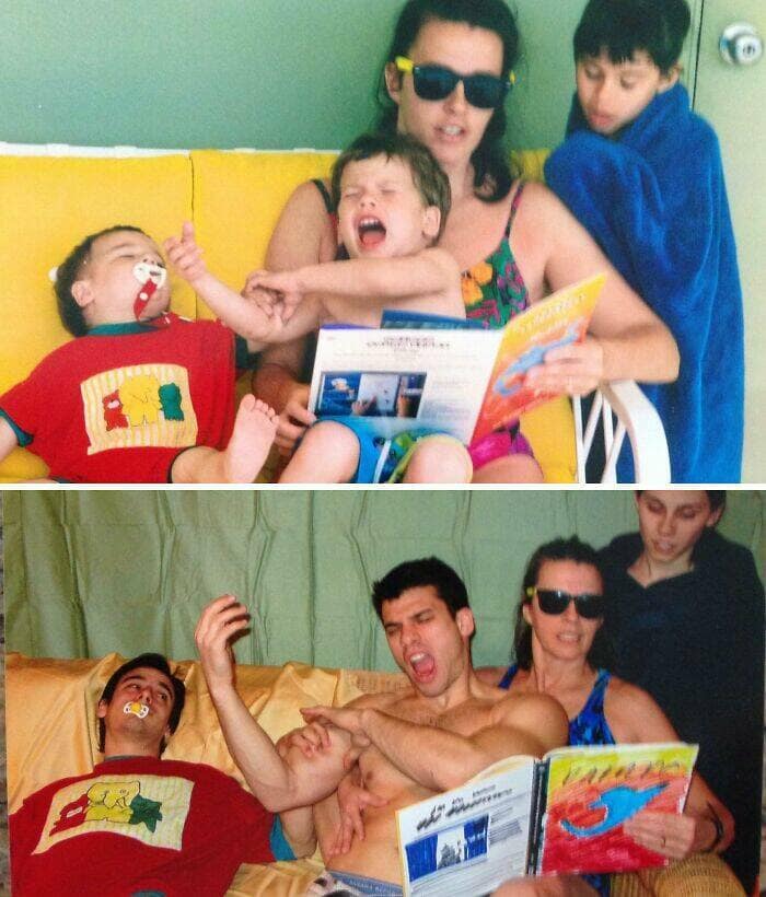 Hilarious before-and-after photos showing adult siblings perfectly recreating a chaotic childhood family picture.