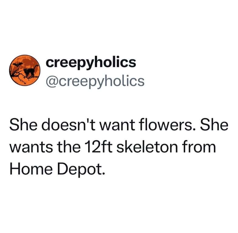 A funny and relatable tweet about wanting the 12-foot Home Depot skeleton instead of flowers for a gift.