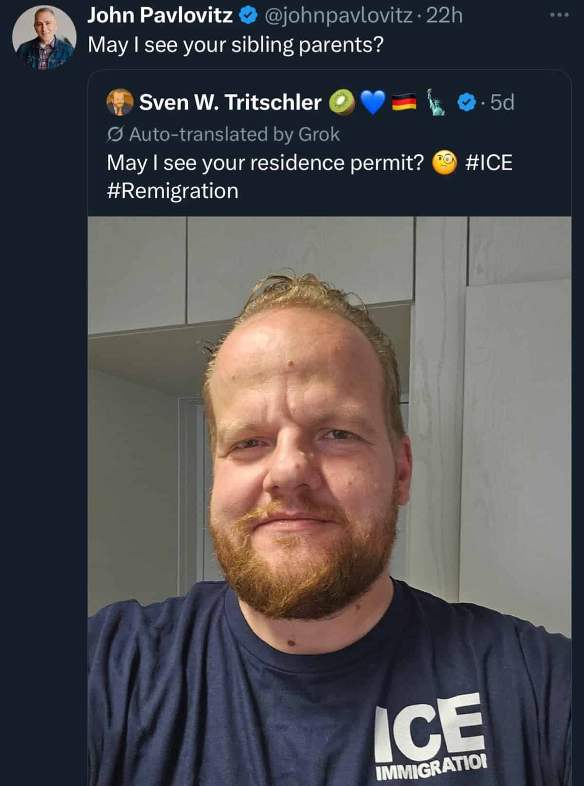 A funny internet comment from John Pavlovitz savagely replying to an anti-immigration post about residence permits.