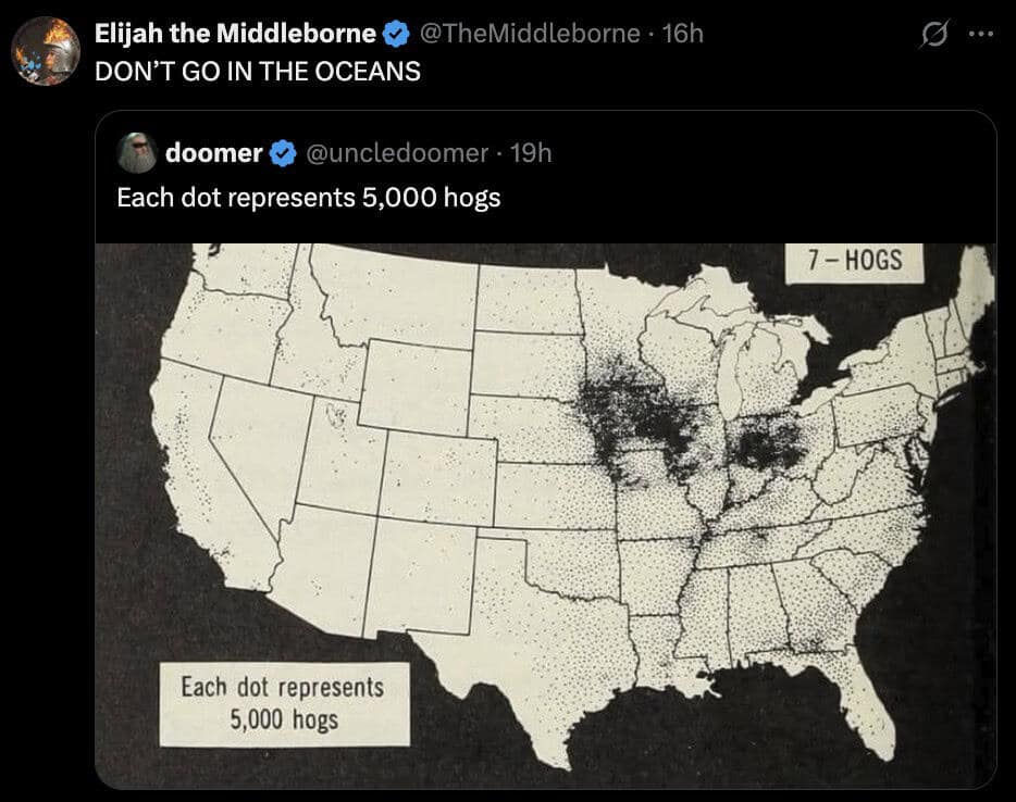 A funny quote tweet reacting with absurd panic to a map showing US hog population density