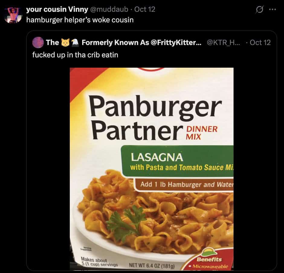 A funny internet comment calling Panburger Partner the "woke cousin" of Hamburger Helper