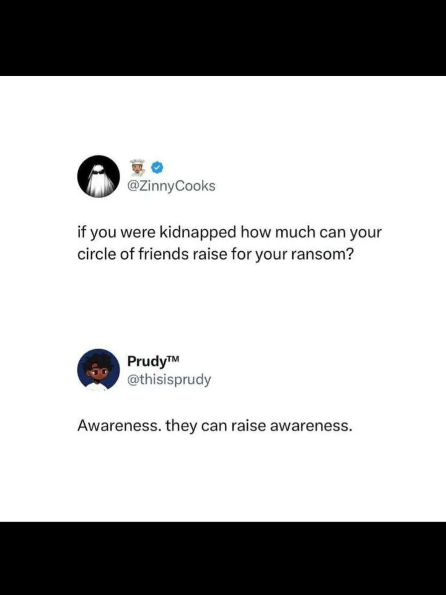 funny tweet where someone says their friends could only raise "awareness" if they were kidnapped for ransom.