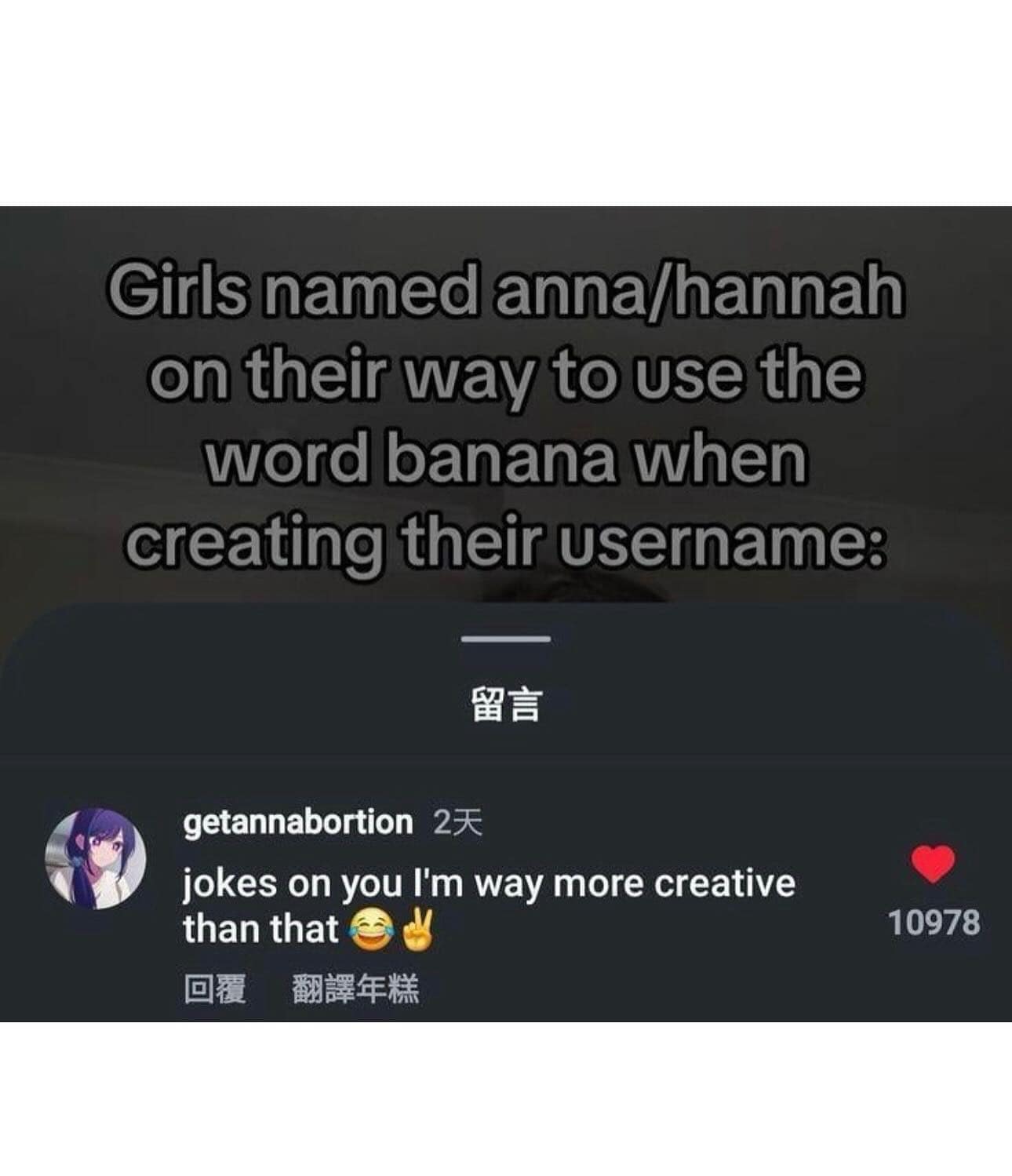 A funny meme about Anna/Hannah usernames with a shocking and creative comment reply.