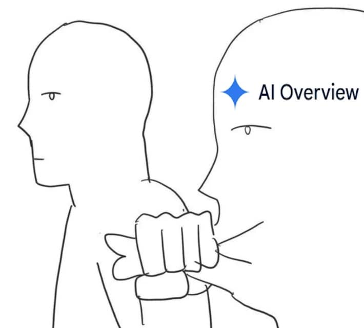 Funny meme drawing depicting Google's AI Overview feature metaphorically punching someone in the back of the head.