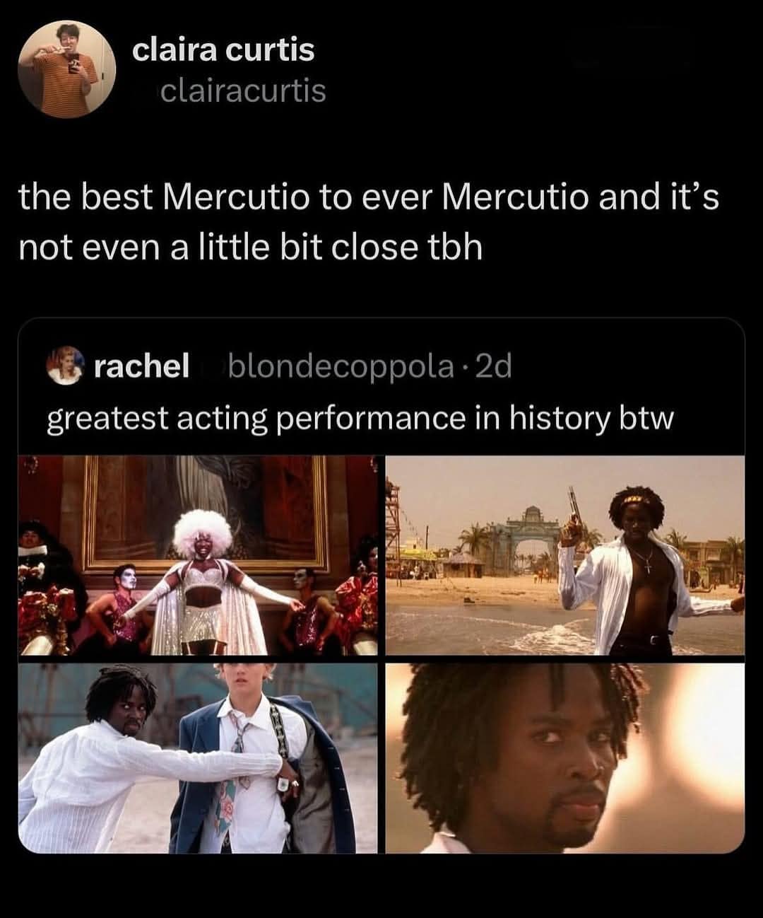 A funny meme and Twitter thread praising Harold Perrineau's iconic performance as Mercutio in Romeo + Juliet.