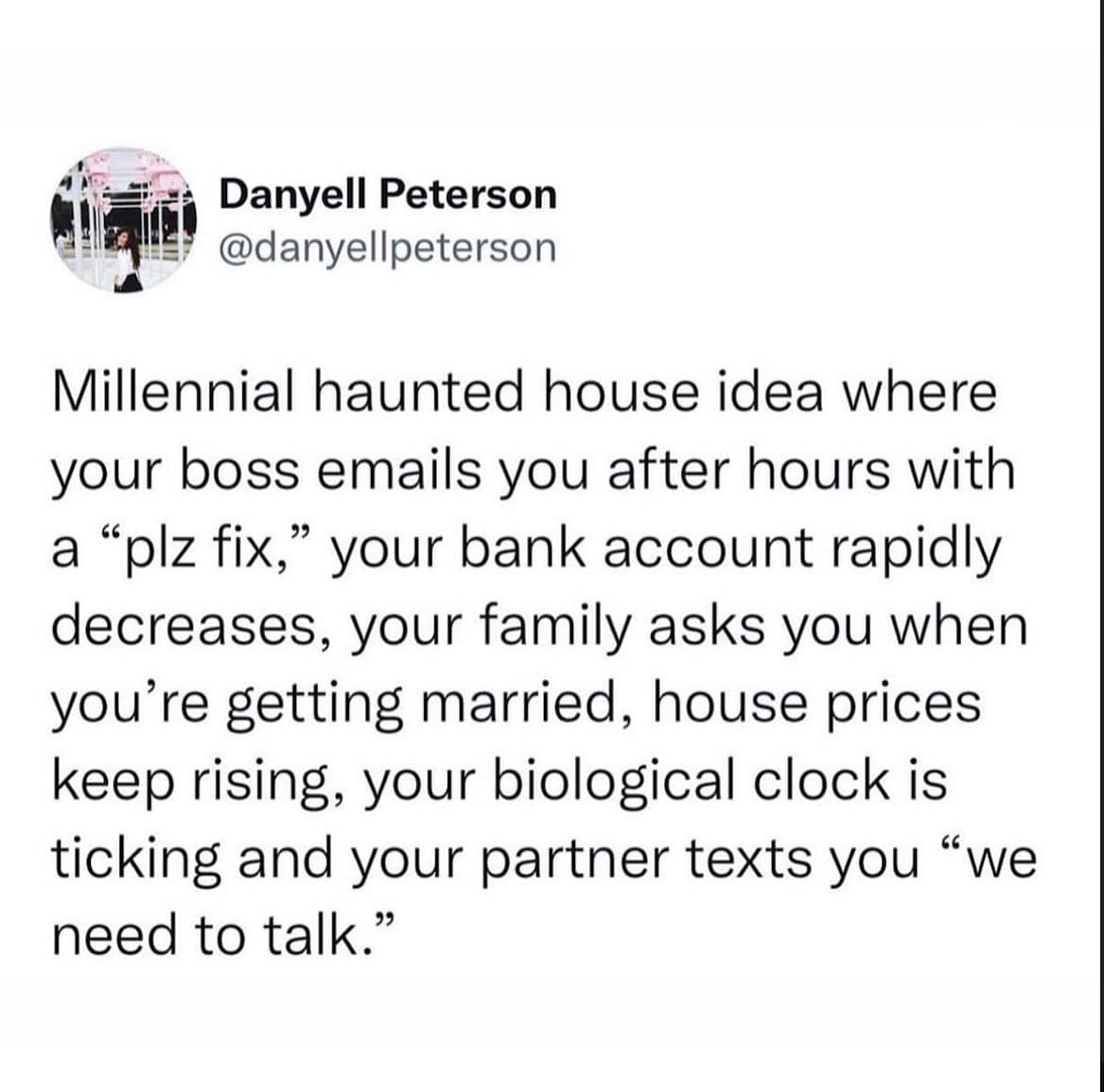 A tweet describing a millennial haunted house made up of common anxieties like rising house prices and work emails.