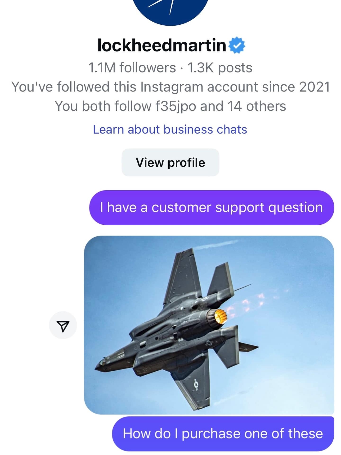 A funny meme screenshot of someone asking Lockheed Martin customer support to buy a fighter jet.