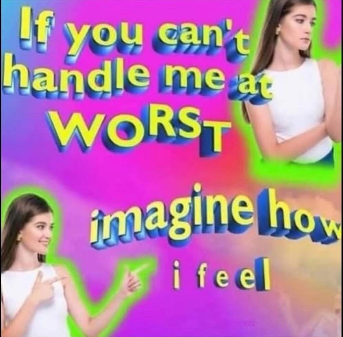 Funny memes image flipping the Marilyn Monroe quote to "If you can't handle me at worst, imagine how i feel."