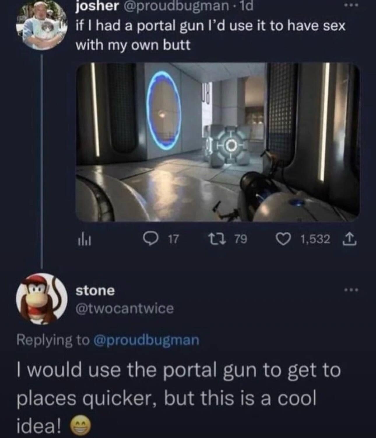A hilarious and cursed tweet about using a portal gun, with an innocent reply.