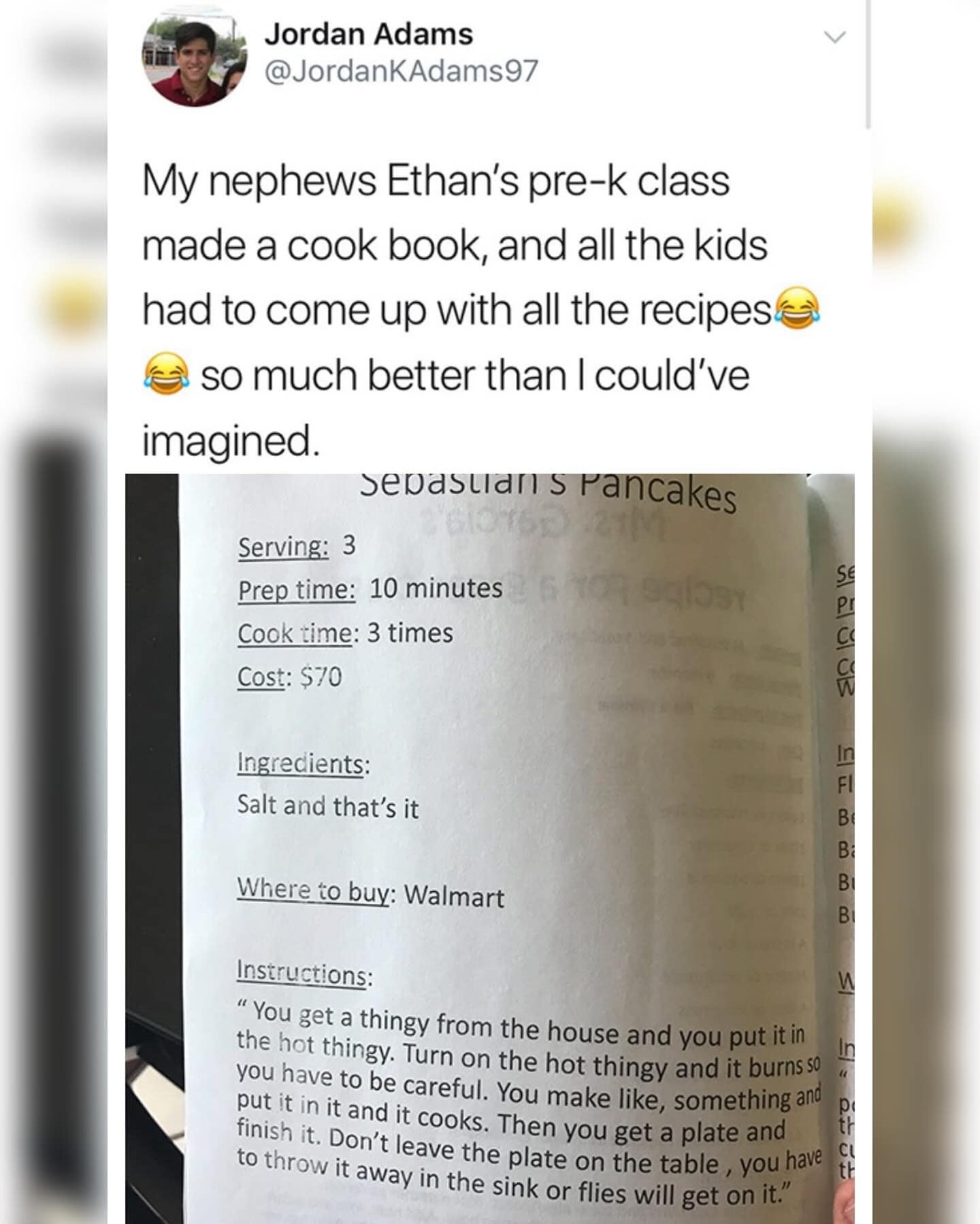 A funny meme of a pre-k cookbook recipe for pancakes with only salt as an ingredient.