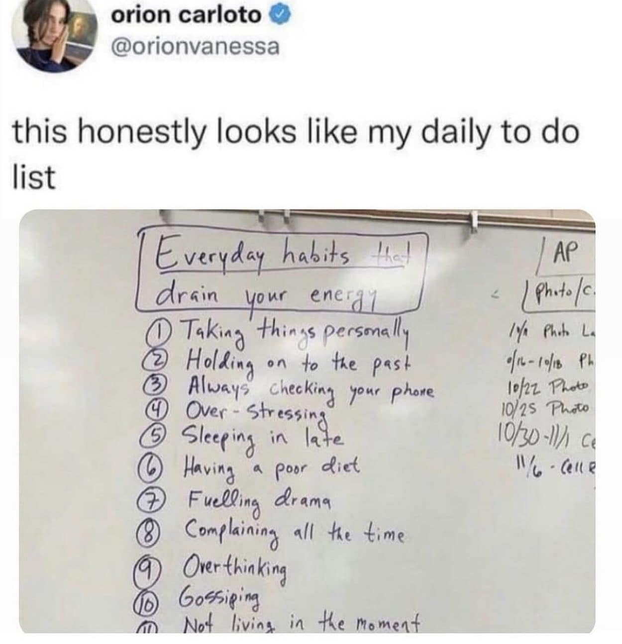 A relatable funny meme comparing a whiteboard list of energy-draining habits to a daily to-do list.