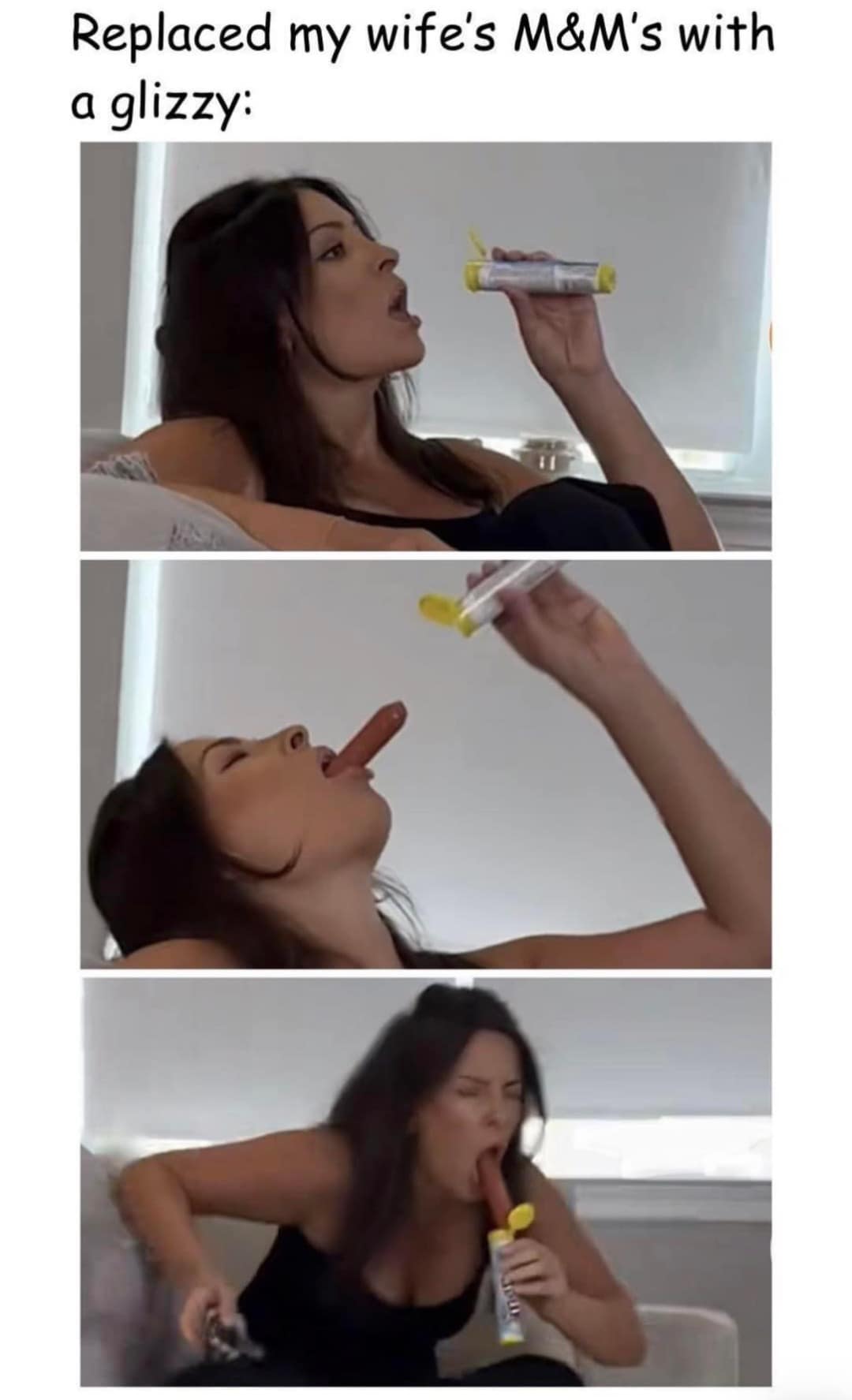 Funny meme showing a woman's surprised reaction after eating a hot dog hidden inside an M&M's Minis tube.