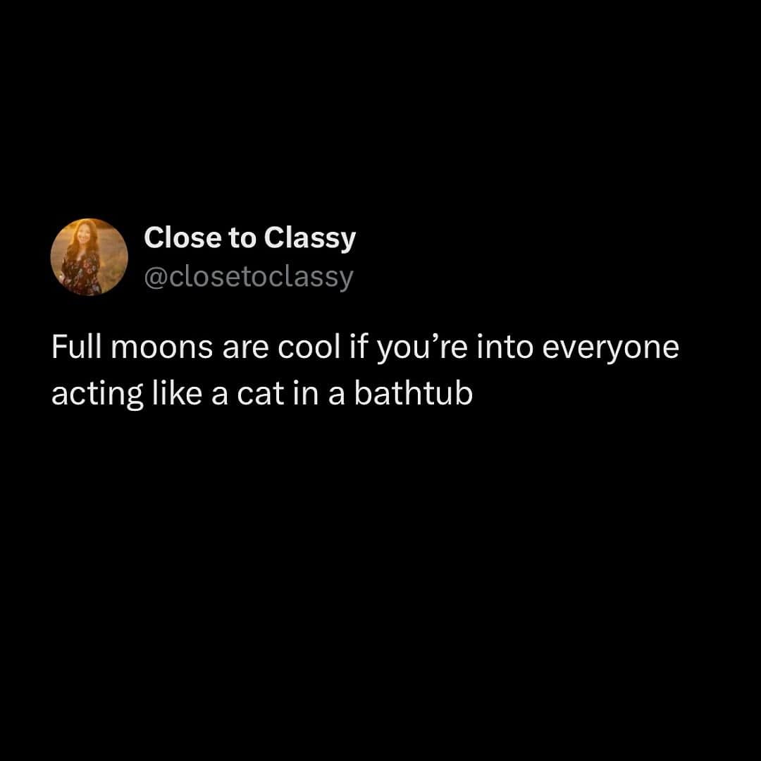 A funny tweet that accurately compares the effects of a full moon to everyone acting like a cat in a bathtub.