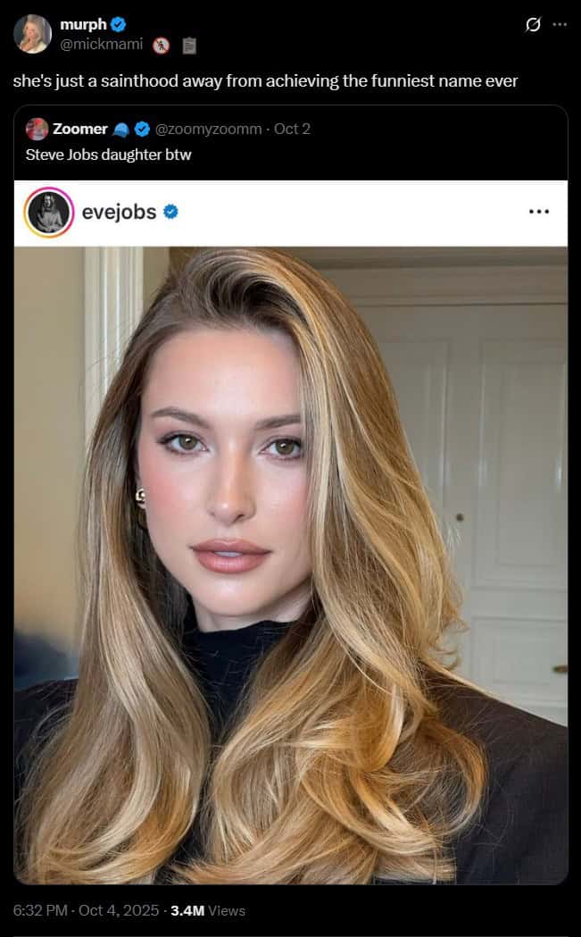 A funny meme joking that Steve Jobs' daughter, Eve Jobs, is one step away from sainthood.