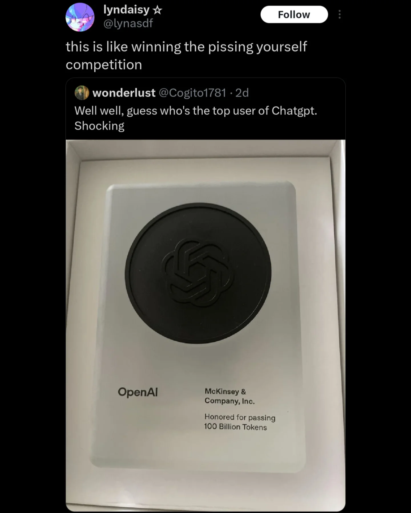 Funny tweet mocking McKinsey receiving an OpenAI award for ChatGPT usage, calling it a pissing contest.