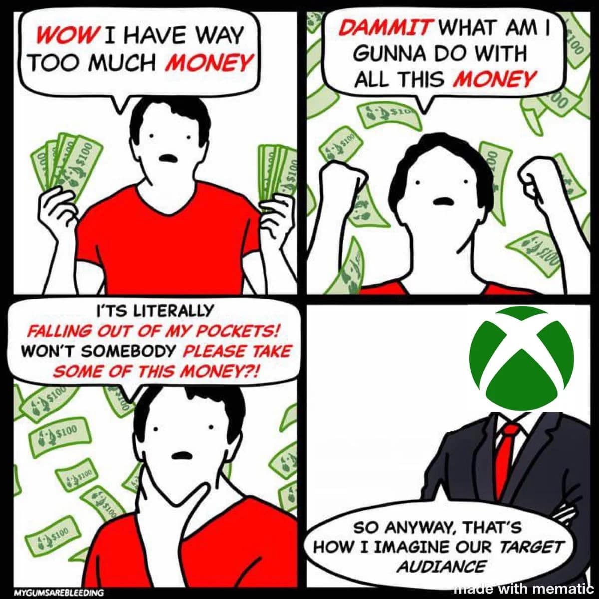 A funny comic meme that roasts Xbox's target audience as people who have way too much money to spend.