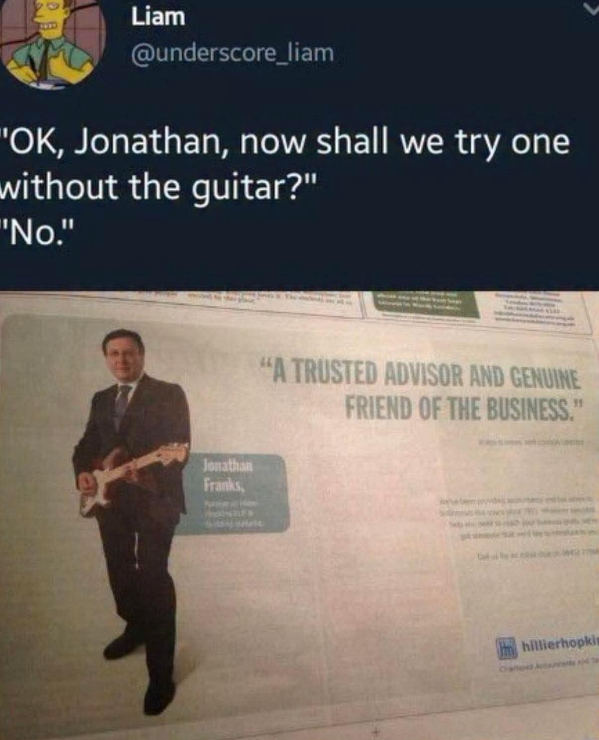 Funny meme showcasing a financial advisor named Jonathan Franks inexplicably posing with an electric guitar in his ad.