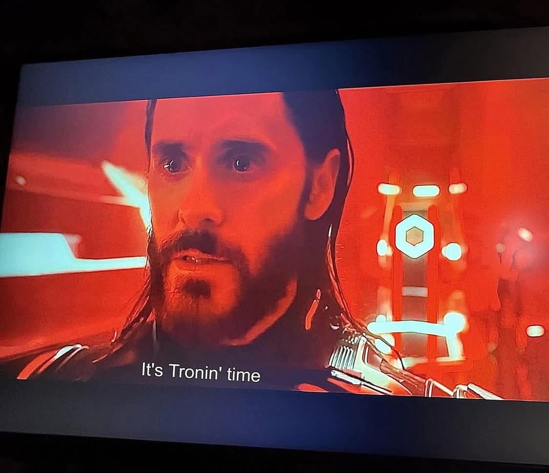 Funny memes image mocking Jared Leto with fake "It's Tronin' time" subtitle from the Tron movie.