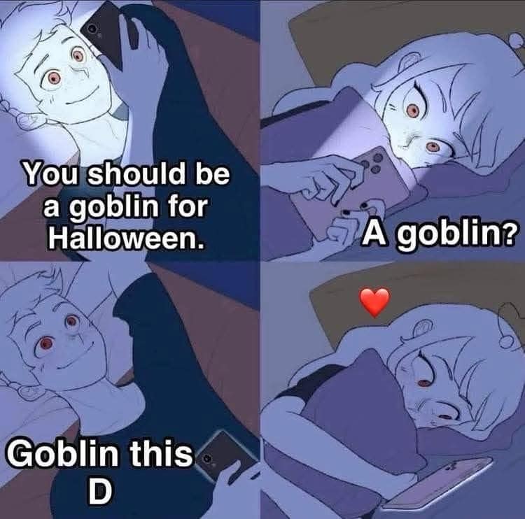 Funny memes comic showing a smooth Halloween-themed pickup line involving the word "goblin."