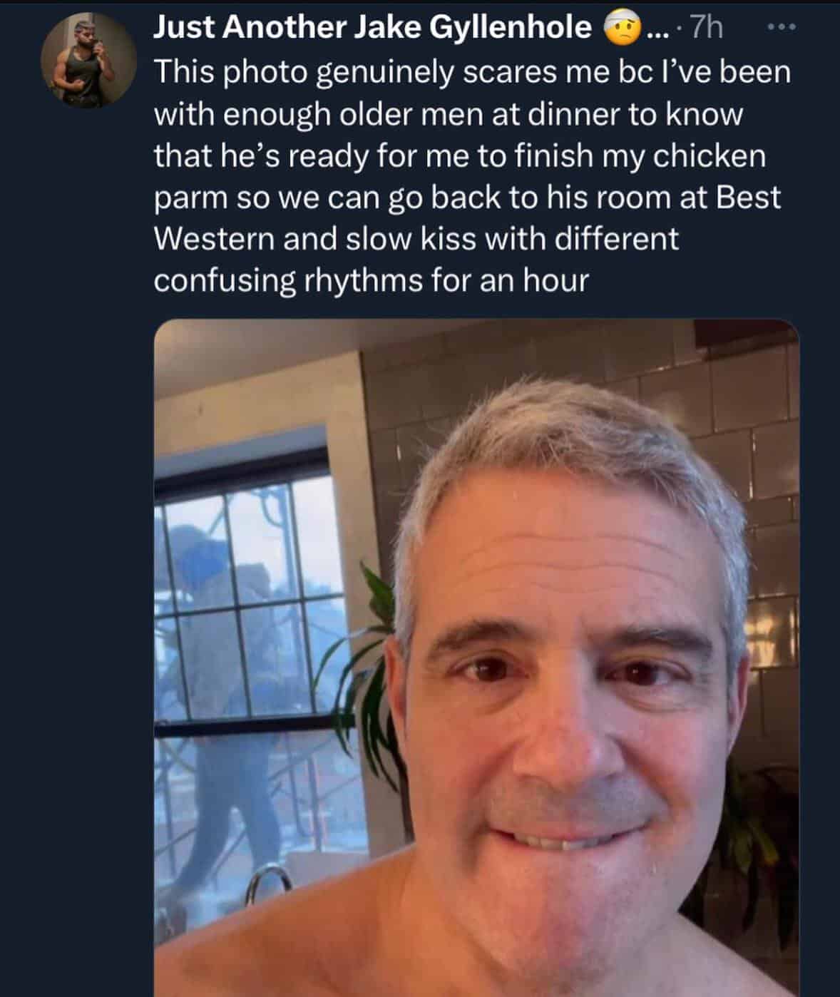 A funny meme with a specific and hilarious tweet about a scary selfie of Andy Cohen.