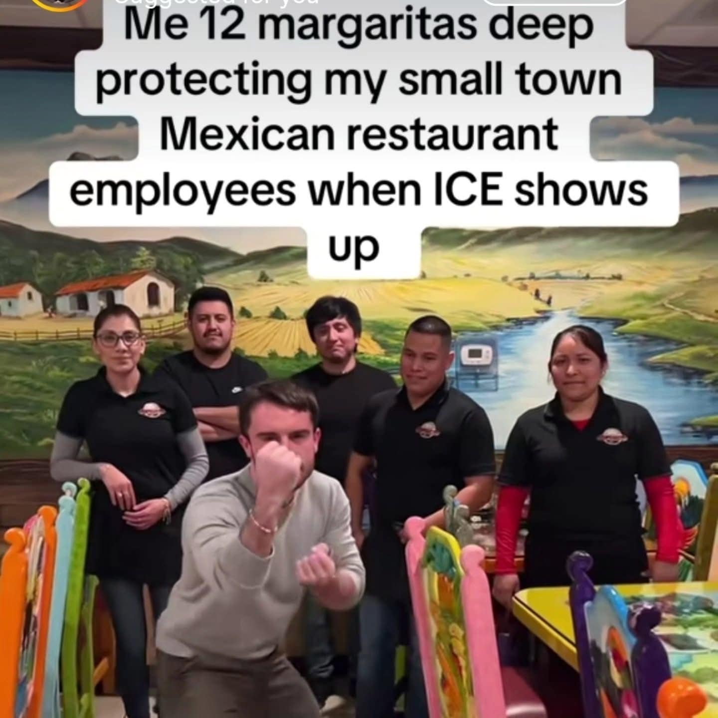 Funny meme about being drunk and ready to fight ICE agents to protect Mexican restaurant employees.