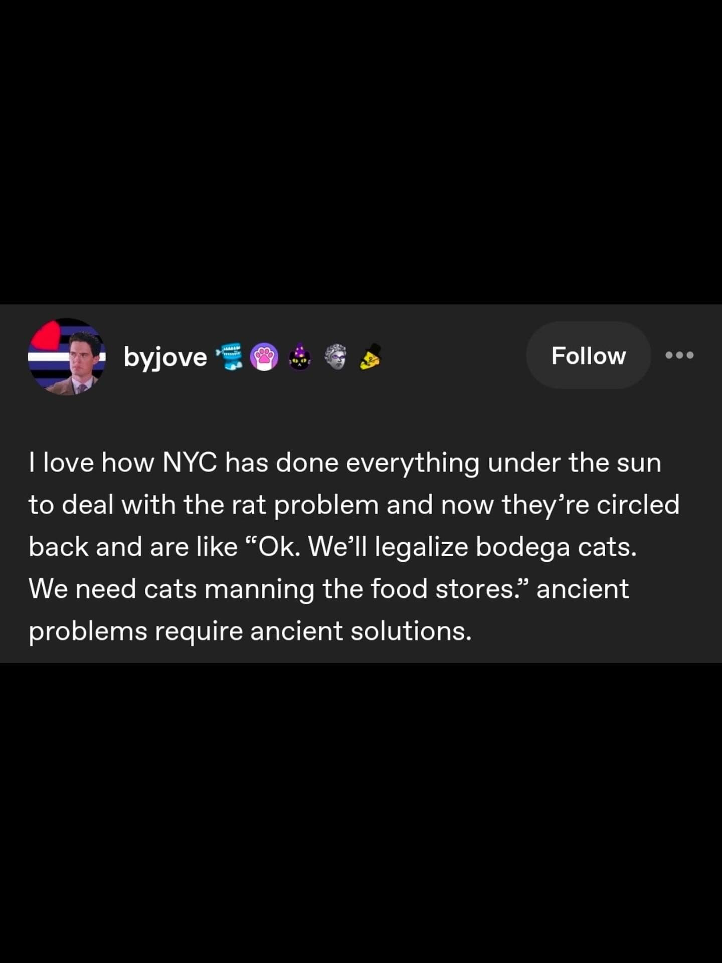 A funny tweet about NYC solving its rat problem by legalizing bodega cats.