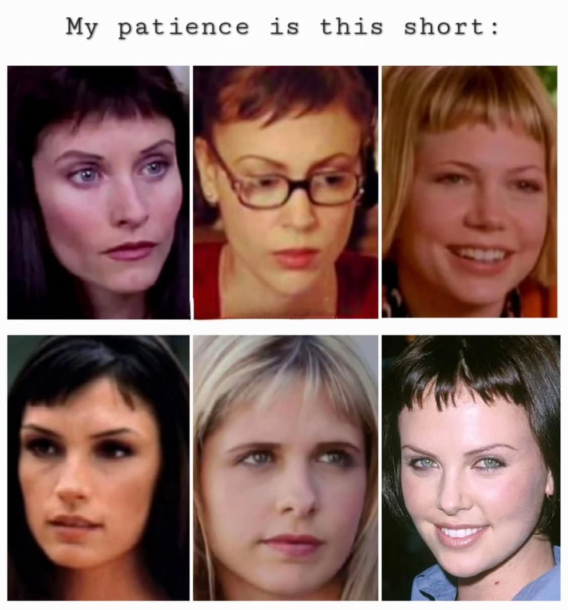 A meme comparing a short level of patience to six examples of very short, choppy bangs.