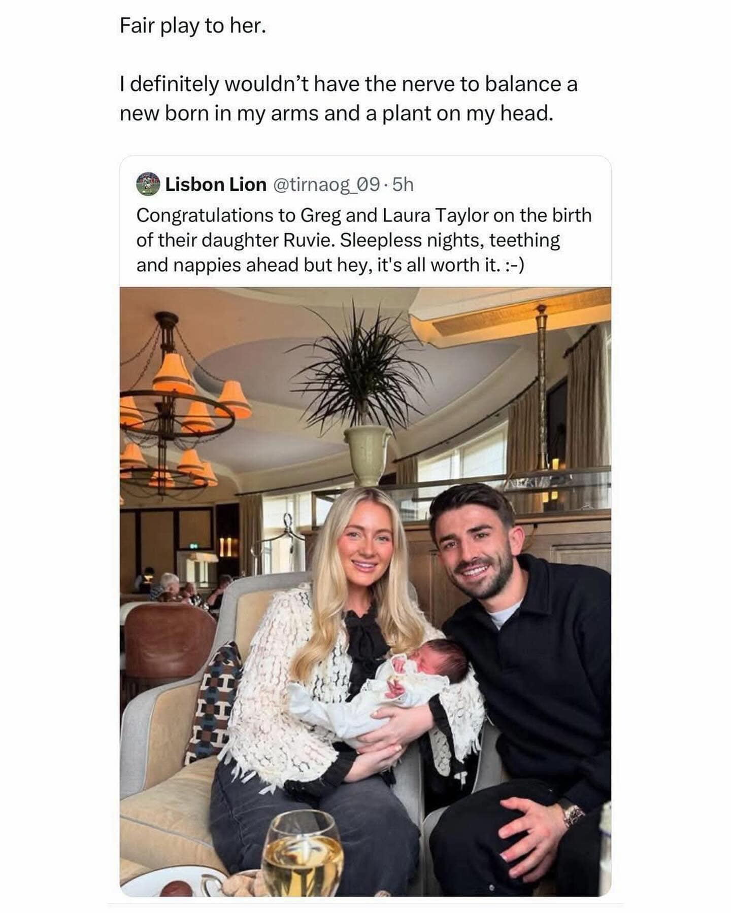 A funny optical illusion where a new mom appears to be balancing a large potted plant on her head.