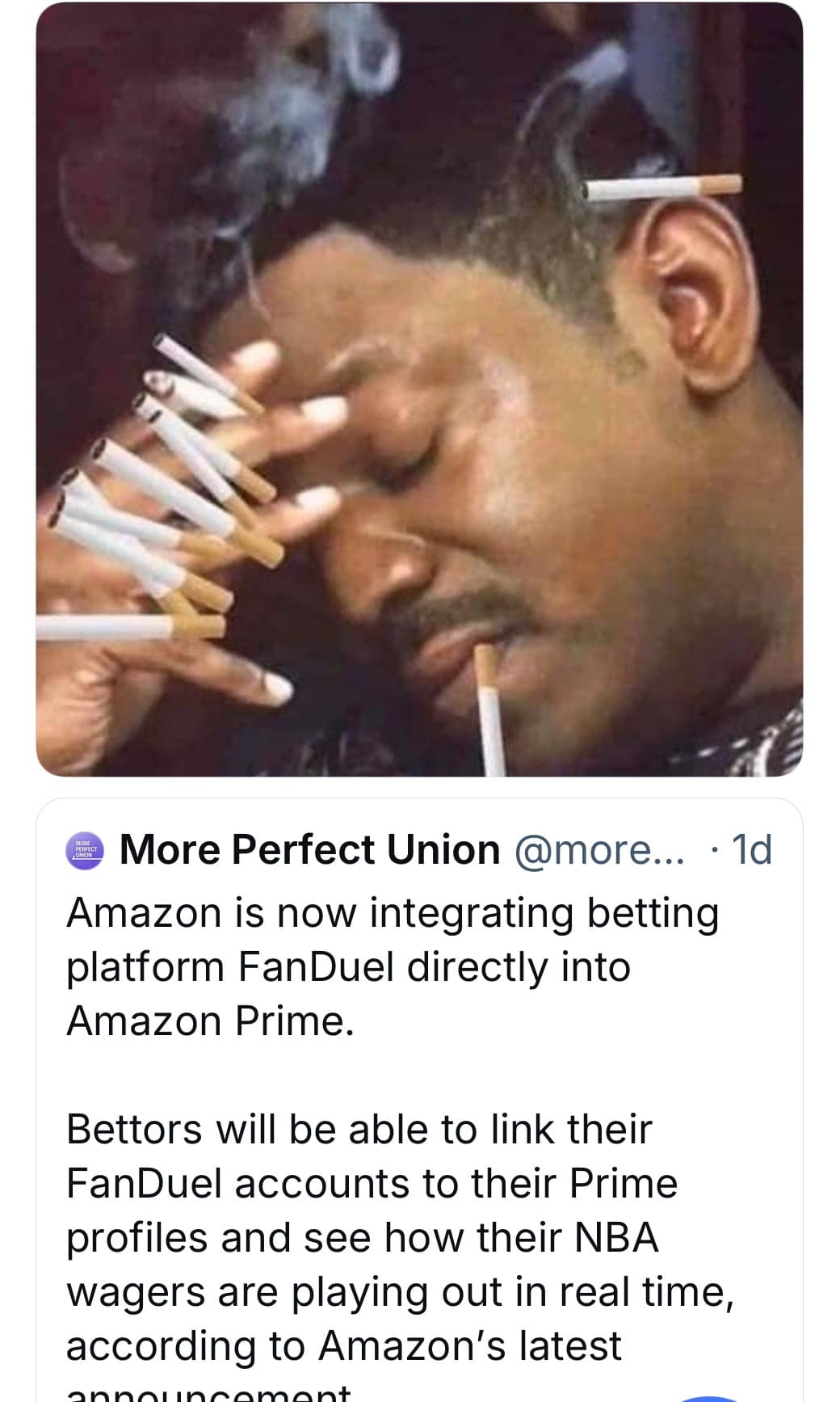 A stressed man chain-smoking meme reacting to the news that Amazon is integrating FanDuel into Prime.