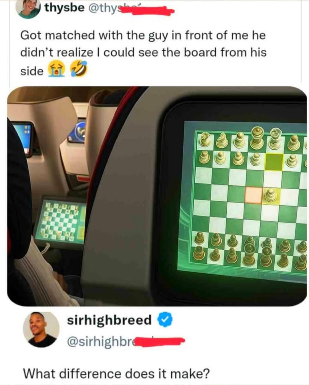 A funny tweet about someone playing airplane chess and a comment roasting their skills.