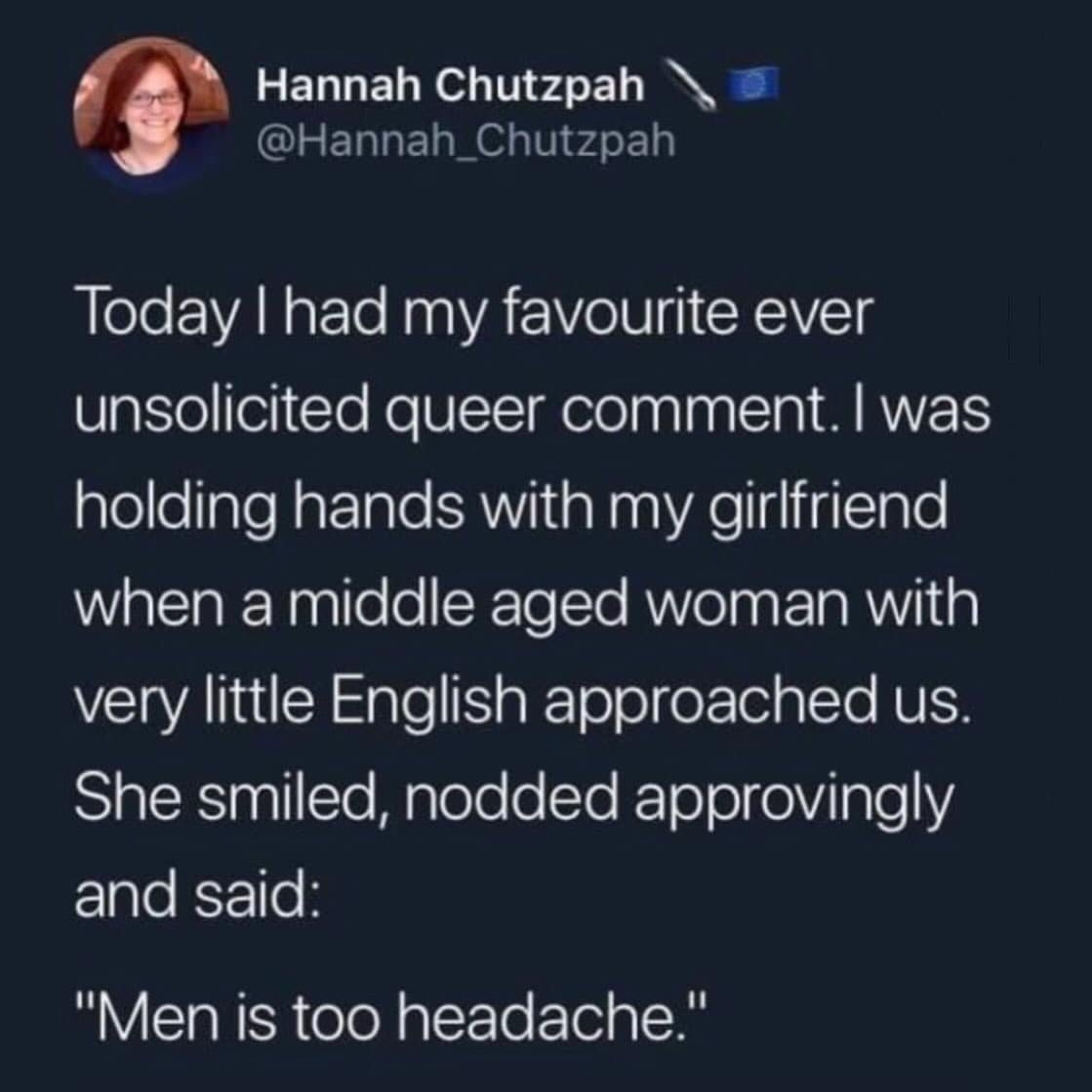 Wholesome tweet sharing a positive unsolicited comment from a stranger approving of a lesbian couple.