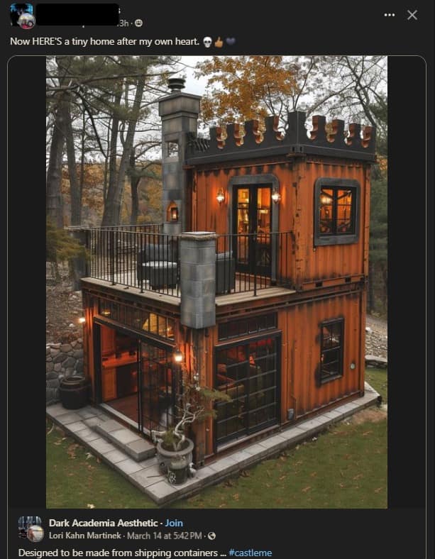 An amazing and cool tiny house made from shipping containers designed to look like a miniature castle.