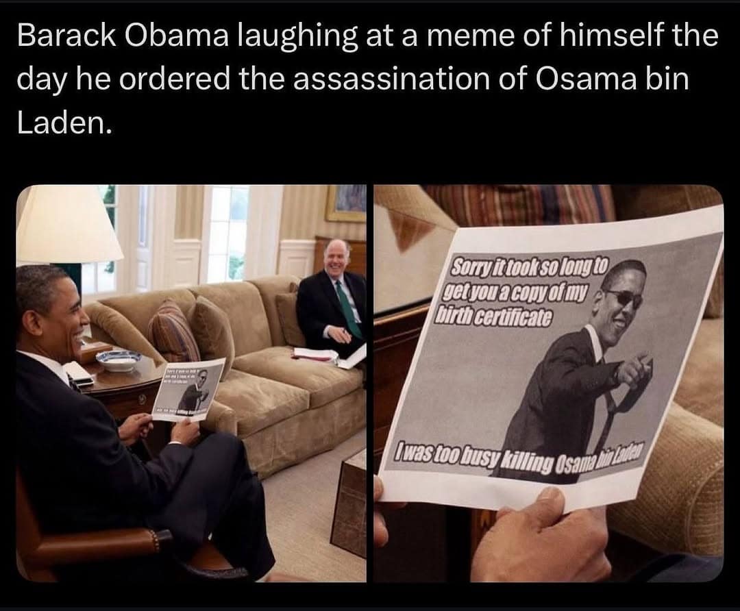 An iconic photo of President Barack Obama laughing at a printed-out meme of himself in the Oval Office.