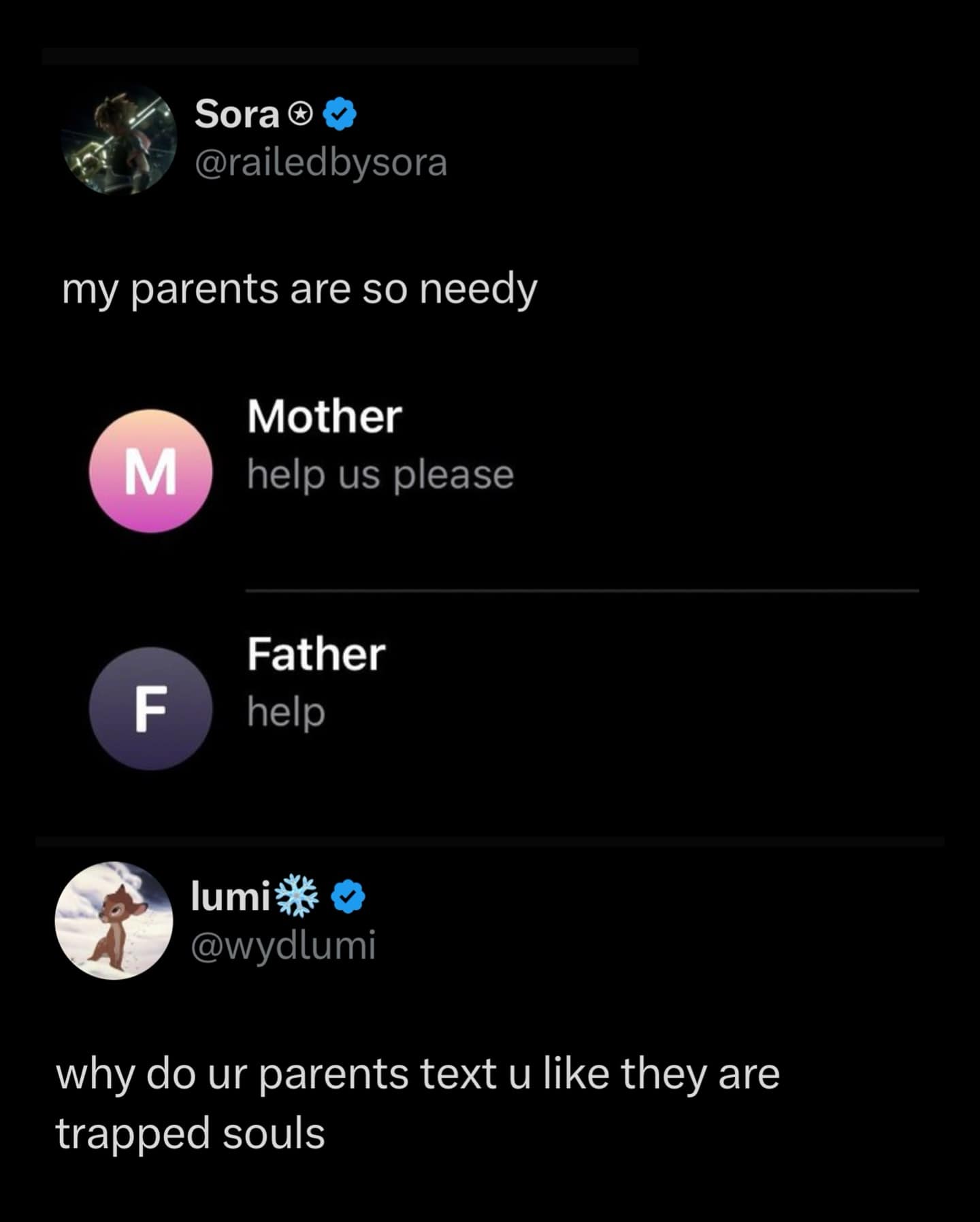 A funny tweet about parents who send short, cryptic texts for help, with a reply describing them as "trapped souls."