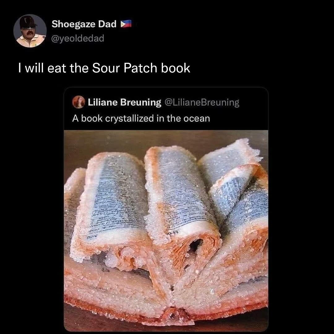 A funny tweet comparing a book crystallized in the ocean to a giant Sour Patch candy.