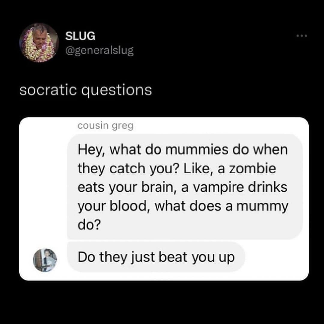 A funny text message questioning what mummies actually do to their victims besides just beating them up.