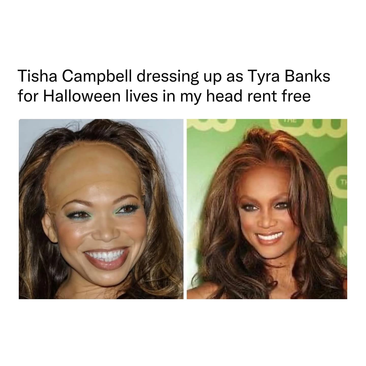Iconic Halloween costume where Tisha Campbell hilariously dressed up as Tyra Banks, emphasizing her large forehead.