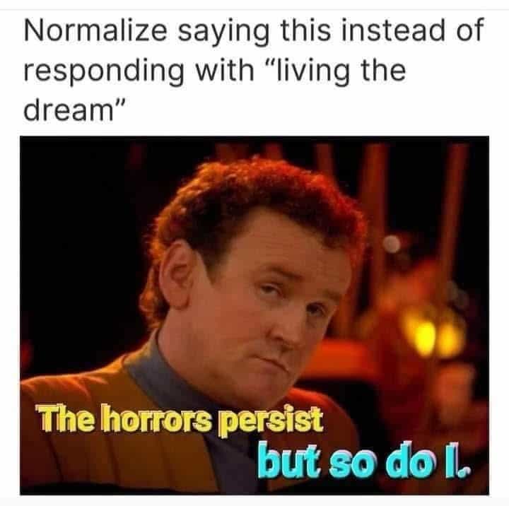 Funny sci fi meme using Chief O'Brien Star Trek quote "The horrors persist but so do I" instead of "Living the dream"
