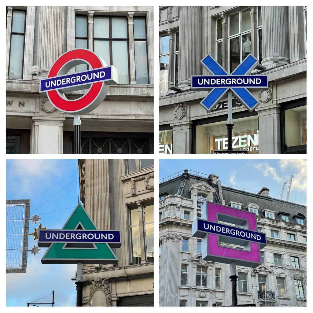 Funny sign variations showing the London Underground logo redesigned as PlayStation controller buttons