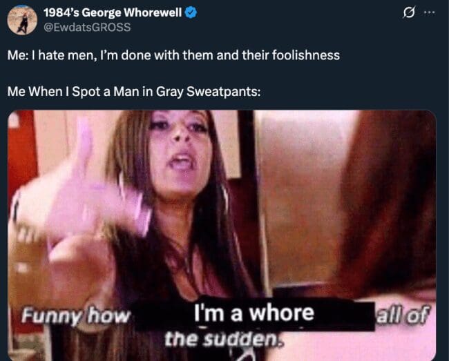 A funny meme of Snooki saying "I'm a whore all of the sudden" after seeing grey sweatpants.